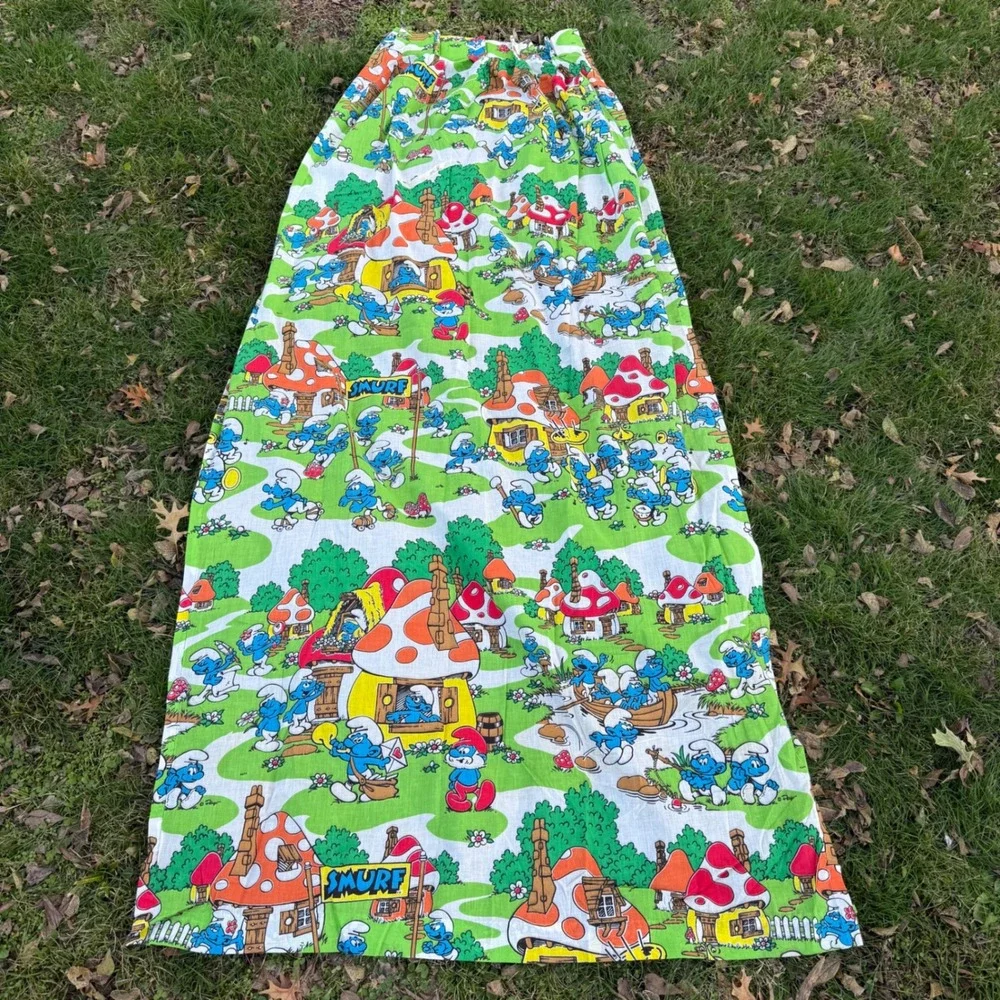 Vintage 70s Smurfs‎ Curtain Set 2 Valances 2 Long Curtians 2 Short Cartoon Retro